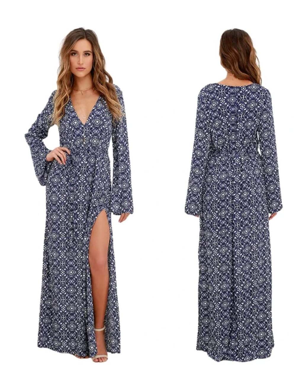 Lulus Maxi Dress Womens L Blue White Mandala Print Bohemian Boho Long Sleeve